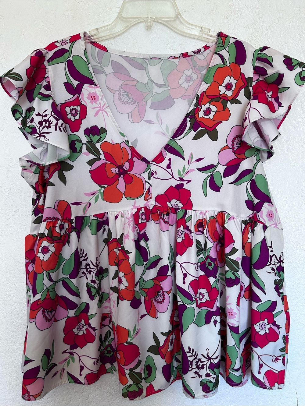 Floral V-Neck Babydoll Top in Red, Pink, Orange & Green